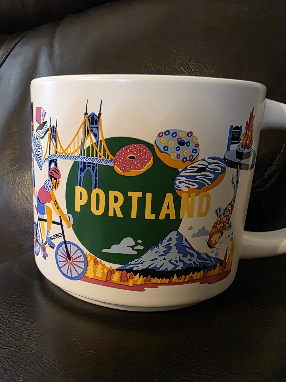 Starbucks Portland Ceramic Mug - White with Green, Yellow, Blue, Pink Accents